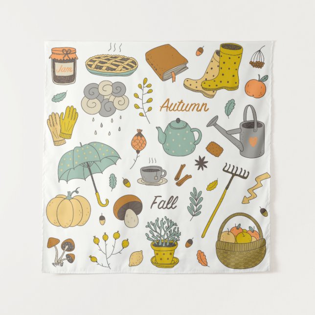 Hand Drawn Fall: Colourful Vintage Set Tapestry (Front)