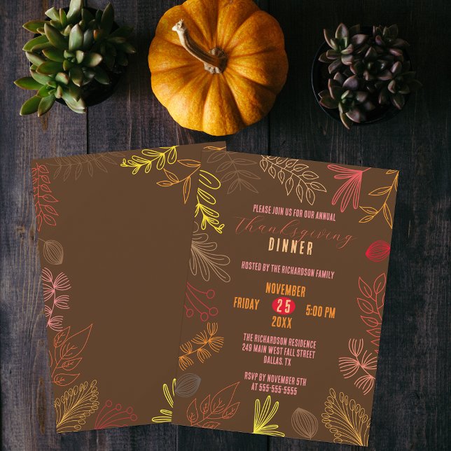 Hand Drawn Fall Leaves Thanksgiving Dinner Invitation (Creator Uploaded)