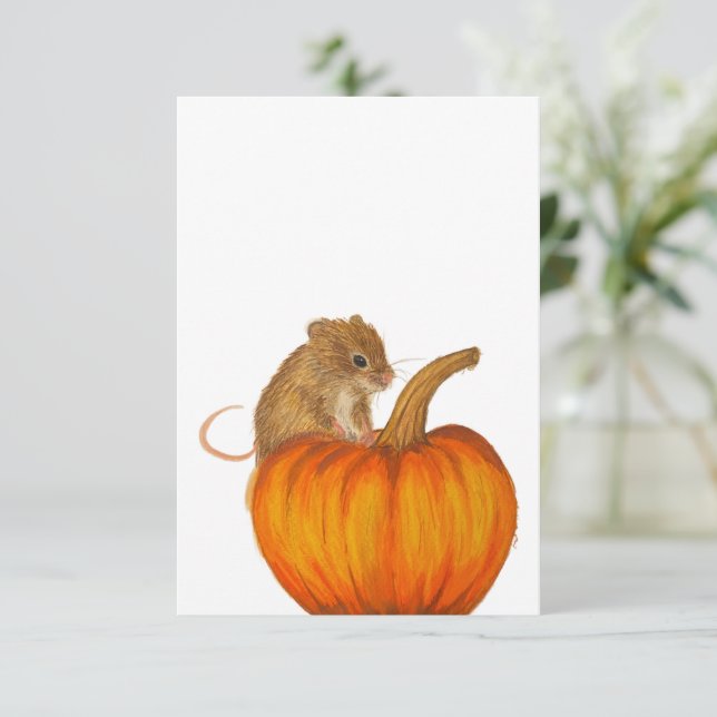 Hand drawn Fall Mouse on Pumpkin Flat Card (Standing Front)