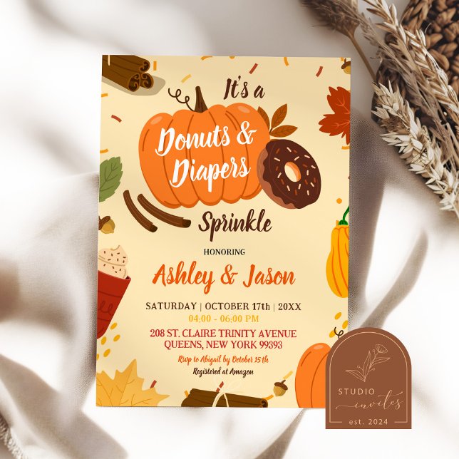 Hand Drawn Fall Pumpkin Doughnuts Diapers Baby Sho Invitation (Creator Uploaded)