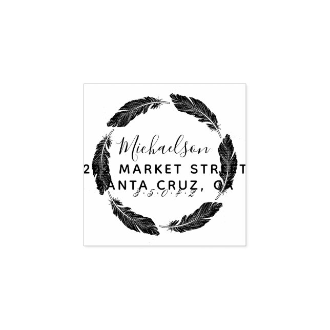 Hand-drawn Feather Family Name Return Address Rubber Stamp (Imprint)