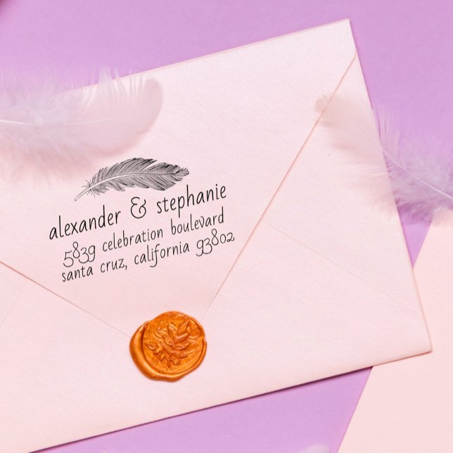 Hand-drawn Feather Names & Wedding Return Address Rubber Stamp (Creator Uploaded)