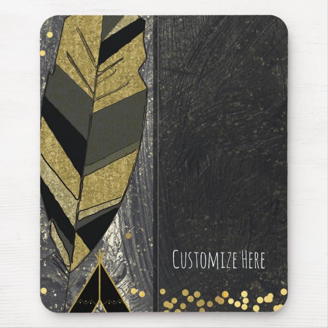 Hand Drawn Feather & Tepee Gold Black Boho Glam Mouse Mat (Front)
