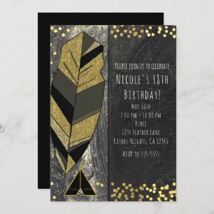 Hand Drawn Feather & Tepee Gold Black Invitations