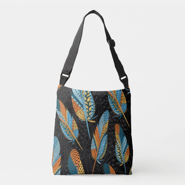 Hand-drawn feathers: colourful background. crossbody bag (Front)