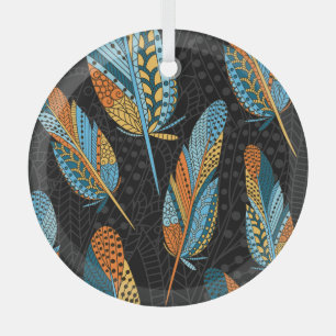 Hand-drawn feathers: colourful background. glass tree decoration
