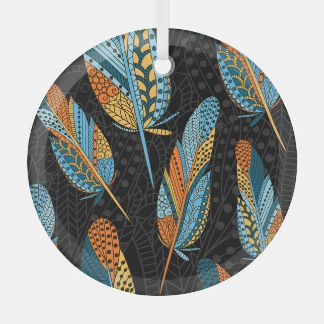 Hand-drawn feathers: colourful background. glass tree decoration (Front)
