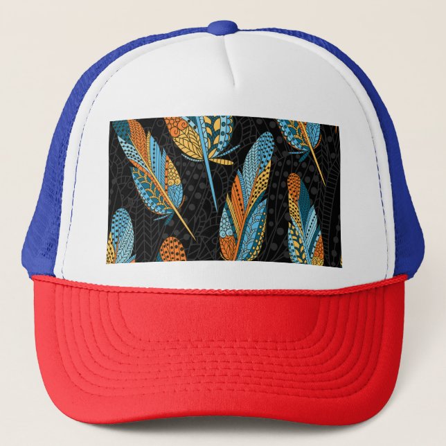 Hand-drawn feathers: colourful background. trucker hat (Front)