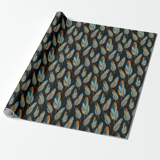 Hand-drawn feathers: colourful background. wrapping paper (Unrolled)