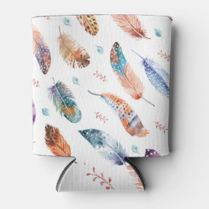 Hand Drawn Feathers: White Background Pattern Can Cooler