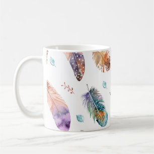 Hand Drawn Feathers: White Background Pattern Coffee Mug