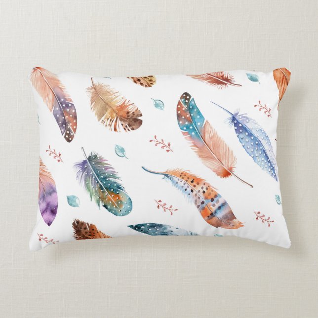 Hand Drawn Feathers: White Background Pattern Decorative Cushion (Front)