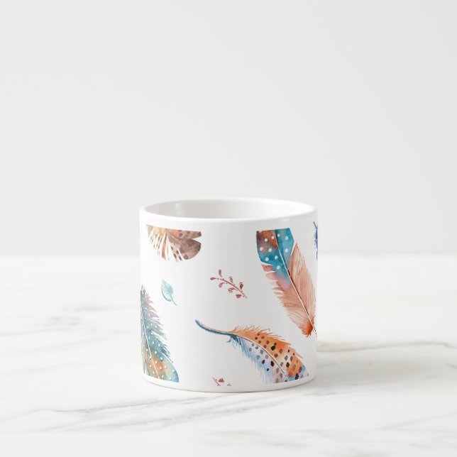 Hand Drawn Feathers: White Background Pattern Espresso Cup (Front)