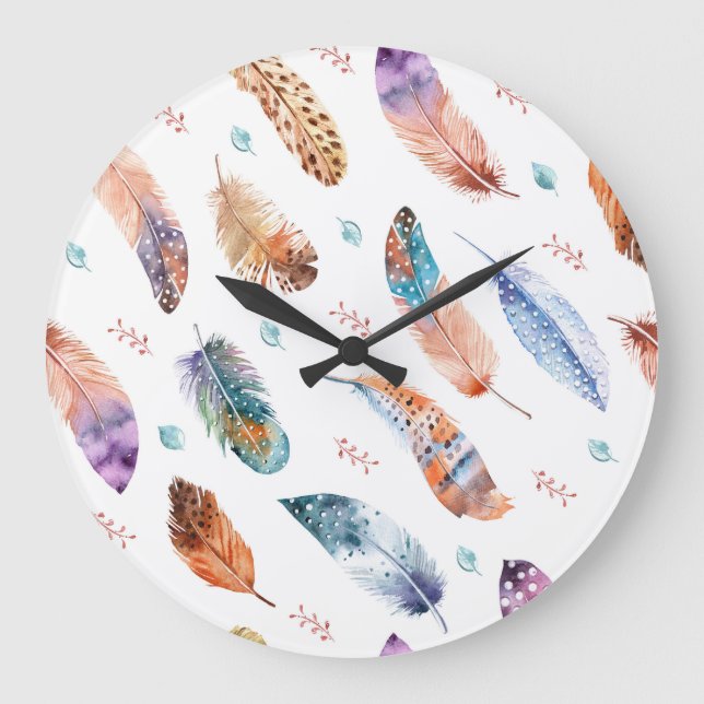 Hand Drawn Feathers: White Background Pattern Large Clock (Front)