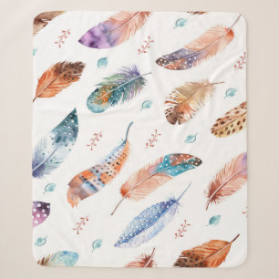 Hand Drawn Feathers: White Background Pattern Sherpa Blanket