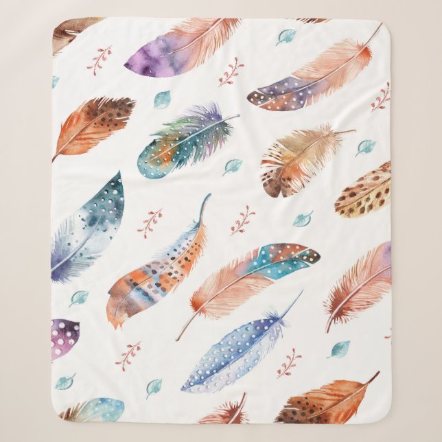 Hand Drawn Feathers: White Background Pattern Sherpa Blanket (Front)