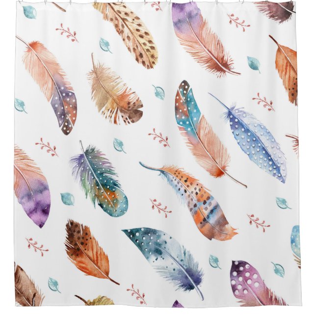 Hand Drawn Feathers: White Background Pattern Shower Curtain (Front)