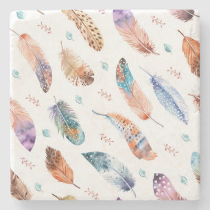 Hand Drawn Feathers: White Background Pattern Stone Coaster