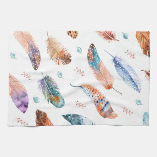 Hand Drawn Feathers: White Background Pattern Tea Towel