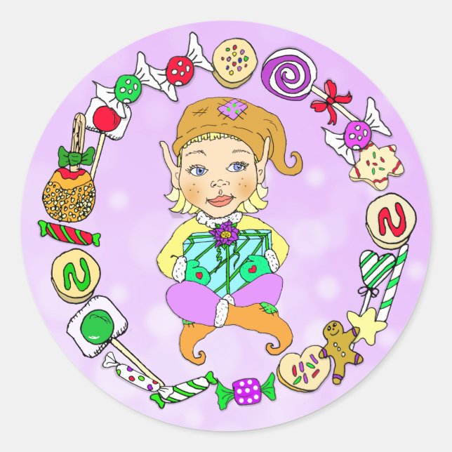 Hand drawn Festive Whimsical Christmas Elf & Candy Classic Round Sticker (Front)