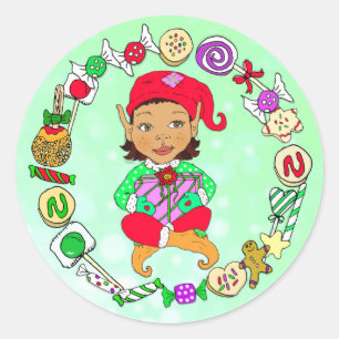 Hand drawn Festive Whimsical Christmas Elf & Candy Classic Round Sticker