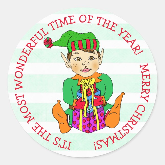 Hand drawn Festive Whimsical Christmas Elf Classic Round Sticker (Front)