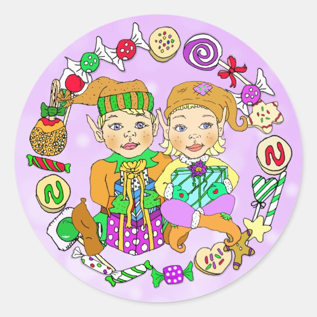 Hand drawn Festive Whimsical Christmas Elves Classic Round Sticker (Front)