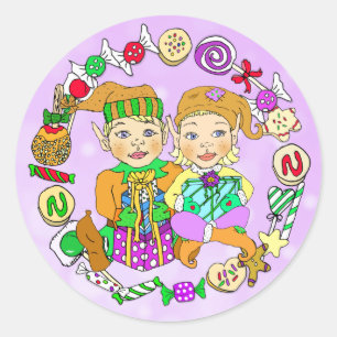 Hand drawn Festive Whimsical Christmas Elves Classic Round Sticker