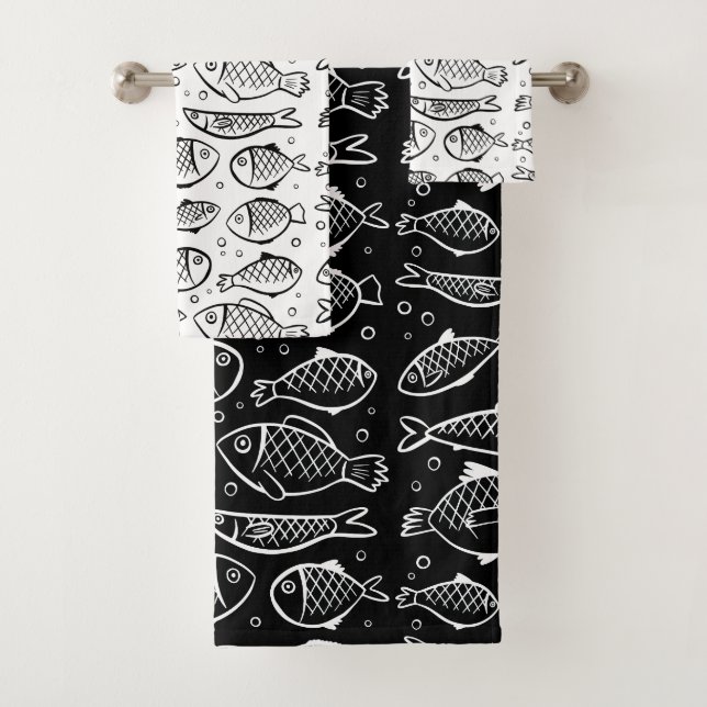 Hand Drawn Fish and Bubbles Black and White ID489 Bath Towel Set (Insitu)