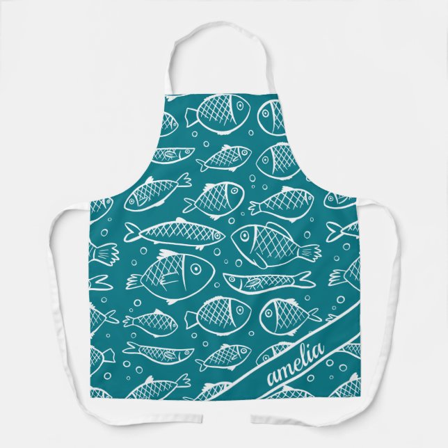 Hand Drawn Fish and Bubbles ID489 Apron (Front)