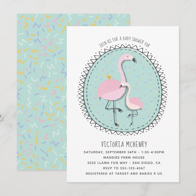 Hand drawn Flamingo Baby Shower Invitation (Front/Back)