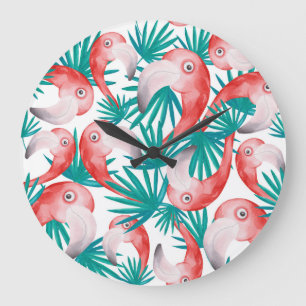 Hand-drawn flamingo: watercolor seamless pattern. large clock