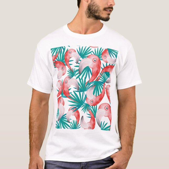 Hand-drawn flamingo: watercolor seamless pattern. T-Shirt (Front)