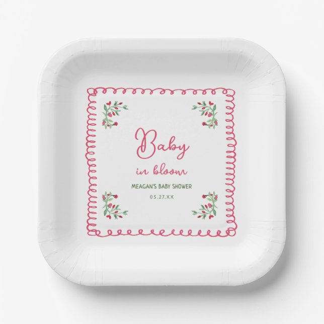 Hand Drawn Floral Baby In Bloom Baby Shower Paper Plate (Front)