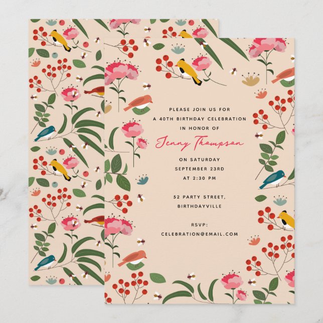 Hand Drawn Floral Birds Bees Botanical Birthday Invitation (Front/Back)