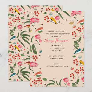 Hand Drawn Floral Birds Bees Botanical Birthday Invitation