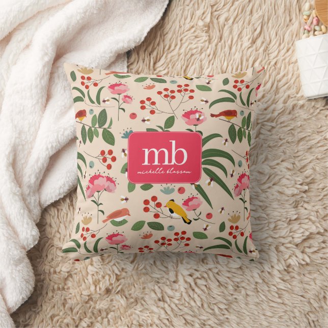 Hand Drawn Floral Birds Bees Botanical Monogram Cushion (Blanket)