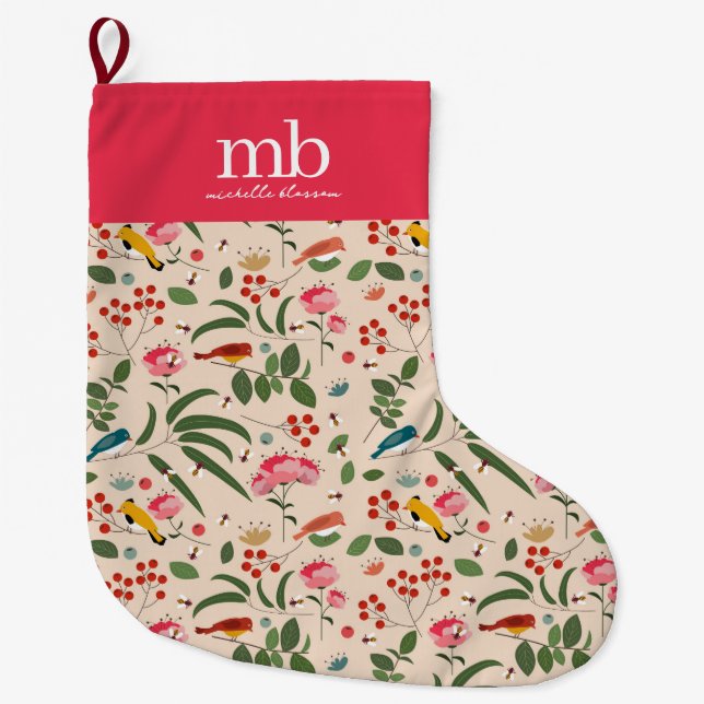 Hand Drawn Floral Birds Bees Botanical Monogram Large Christmas Stocking (Front)