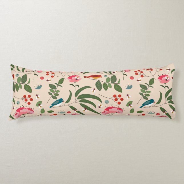 Hand Drawn Floral Birds Bees Botanical Pattern Body Cushion (Front)