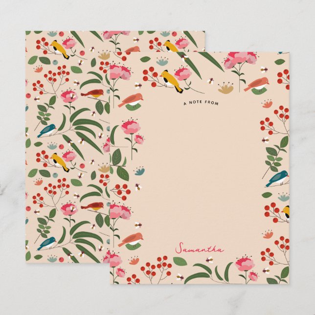Hand Drawn Floral Birds Bees Botanical Pattern Card (Front/Back)