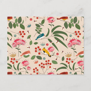 Hand Drawn Floral Birds Bees Botanical Pattern Holiday Postcard