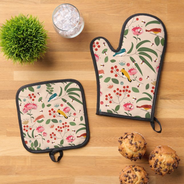 Hand Drawn Floral Birds Bees Botanical Pattern Oven Mitt & Pot Holder Set (Top Down)