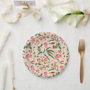 Hand Drawn Floral Birds Bees Botanical Pattern Paper Plate