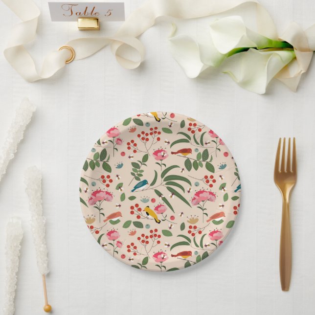 Hand Drawn Floral Birds Bees Botanical Pattern Paper Plate (Wedding)