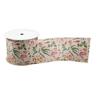 Hand Drawn Floral Birds Bees Botanical Pattern Satin Ribbon