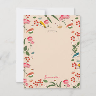 Hand Drawn Floral Birds Bees Botanical Pattern Thank You Card