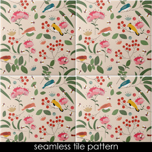 Hand Drawn Floral Birds Bees Botanical Pattern Tile