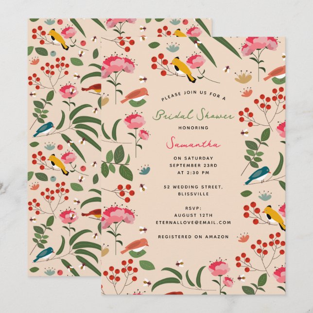Hand Drawn Floral Birds Bees Floral Bridal Shower Invitation (Front/Back)