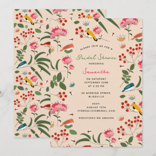 Hand Drawn Floral Birds Bees Floral Bridal Shower Invitation