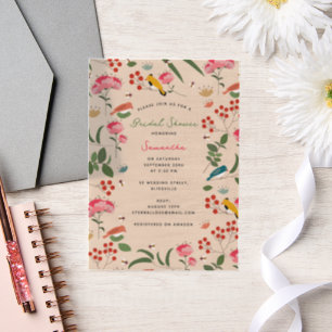 Hand Drawn Floral Birds Bees Floral Bridal Shower Vellum Invitations